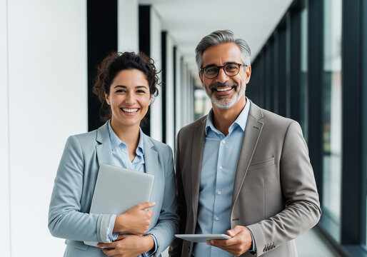 Diverse business colleagues smiling and holding devices in modern office hallway - Powered by Adobe
