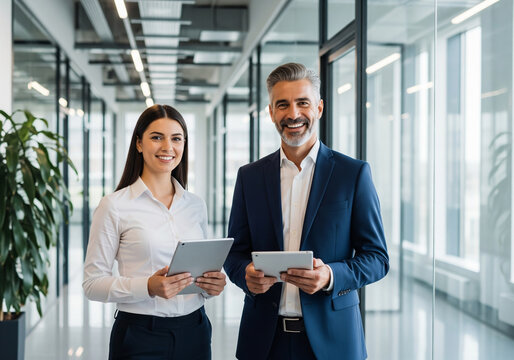Diverse Business Colleagues With Tablets In Modern Office Hallway woman