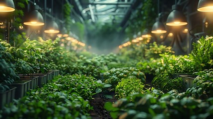 Vibrant greenhouse interior bathed in warm grow lights with lush green plants thriving