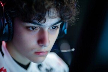 Young e-sports player focused on computer screen
