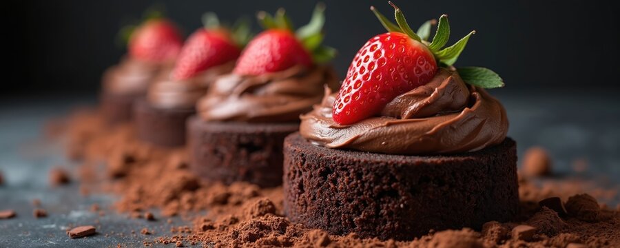 Delicious row of small rich chocolate cakes. Dessert topped with creamy chocolate frosting. Fresh red strawberry sits on every cake. Cocoa powder sprinkled on dark surface. Gourmet treats, perfect - Powered by Adobe