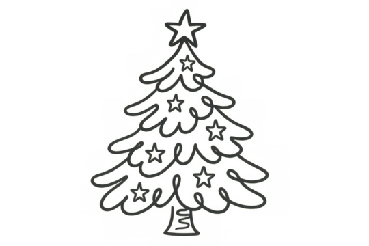 Christmas tree drawing with festive star decorations, holiday doodle element on transparent background