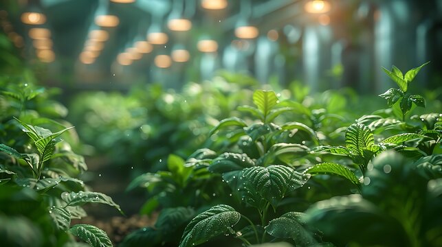 Vibrant green plants flourishing in a modern greenhouse with warm overhead lighting, evoking growth and freshness