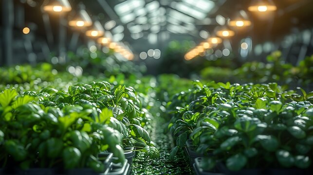 Vibrant rows of lush green plants thrive under warm greenhouse lighting, showcasing healthy growth and potential.
