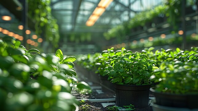Vibrant greenhouse with rows of lush green basil plants growing under warm artificial lights - Powered by Adobe