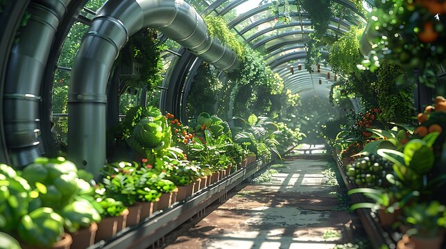Lush greenhouse pathway bathed in sunlight, showcasing vibrant plants and futuristic architecture