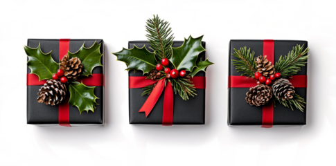  Christmas gift boxes with red ribbon, holly leaves, and pine cones isolated on a transparent background. 