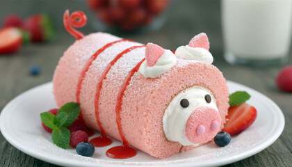 A playful pink pig-shaped cake on a white plate, topped with white frosting, berry accents, and fresh mint, perfect for birthday celebrations, kids parties, and festive dessert tables