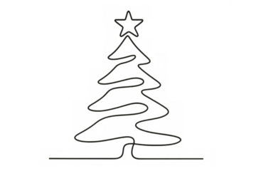 Christmas tree art drawing as a single continuous line, forming a pine tree shape with a star, on a transparent background