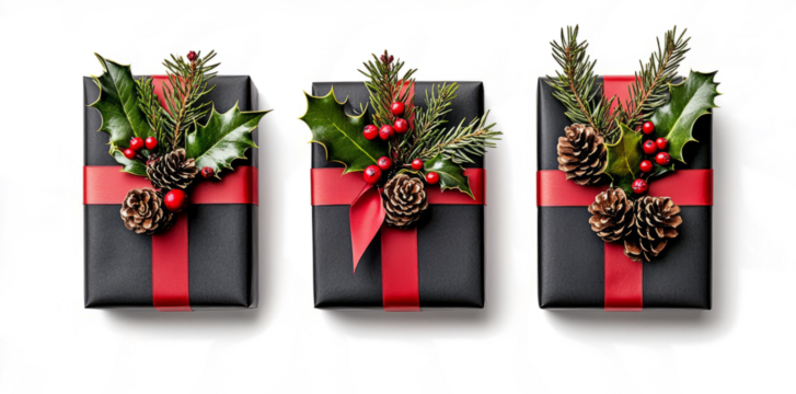  Christmas gift boxes with red ribbon, holly leaves, and pine cones isolated on a transparent background. 