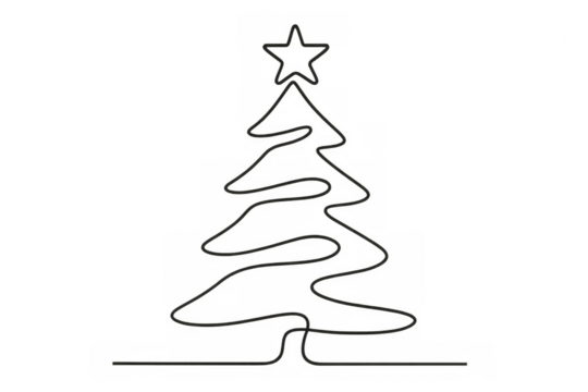 Christmas tree art drawing as a single continuous line, forming a pine tree shape with a star, on a transparent background