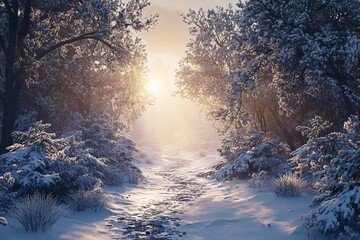 Frosty forest path with snow-covered trees