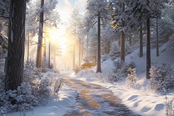 Snowy woodland trail on a cold winter morning