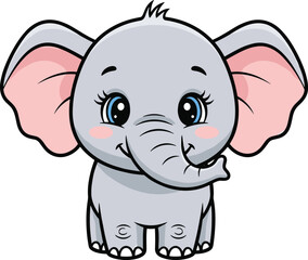 Smiling baby elephant cartoon, blue eyes, pink cheeks, cute animal character, kids illustration, nursery art, vector drawing, adorable pose