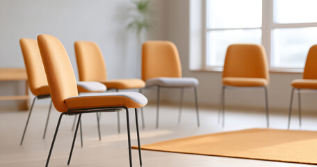 Empty therapy or support group room with wooden chairs arranged in a circle and an orange cushion on one chair