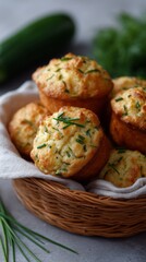 Fototapeta premium Golden brown savory muffins baked with chives nestled in a wicker basket.