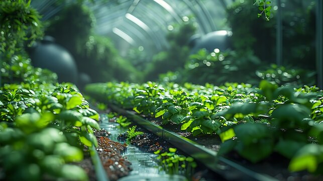 Vibrant rows of lush green plants thriving under the diffuse light of a modern greenhouse environment.