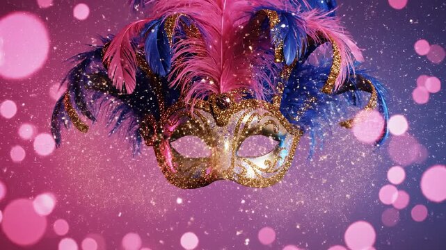 Elegante m&aacute;scara de carnaval femenina sobre fondo abstracto con bokeh rosa y azul

