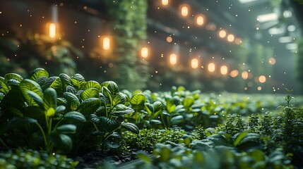 Fototapeta premium Vibrant vertical farm with lush green plants bathed in warm, glowing lights creating a futuristic agricultural atmosphere