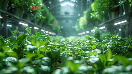 Lush green plants thrive under bright lights in a modern, vibrant greenhouse ready for growth