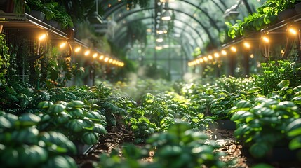 Lush greenhouse interior bathed in warm artificial light, rows of vibrant green plants thriving in a controlled environment