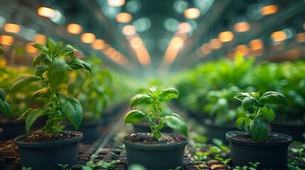Vibrant green basil plants thrive under warm artificial lights in a modern indoor farm setting