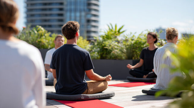 Group of people practicing outdoor meditation on rooftop with cushions and yoga mats in urban setting on sunny day - Powered by Adobe