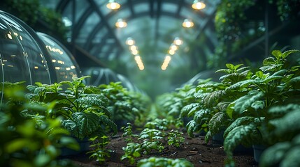 Vibrant green plants thrive under warm greenhouse lights, promising fresh growth and sustainable agriculture