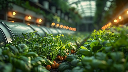 Vibrant greenhouse cultivation showcasing lush green plants bathed in warm artificial light