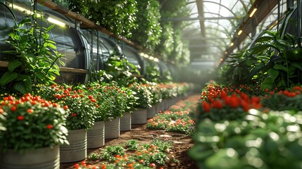 Vibrant greenhouse brimming with lush green plants and ripe red tomatoes under warm artificial light