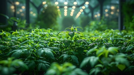 Vibrant green cannabis plants flourish under soft artificial lights in a modern greenhouse setting