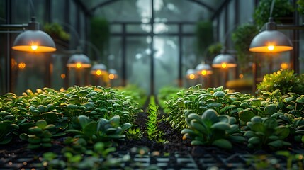 Lush green seedlings thrive under warm grow lights in a modern, expansive greenhouse setting