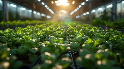 Vibrant green seedlings grow in a sunlit greenhouse, showcasing modern agricultural innovation and growth