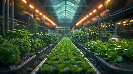 Lush green plants thriving under warm grow lights in a modern, expansive greenhouse environment