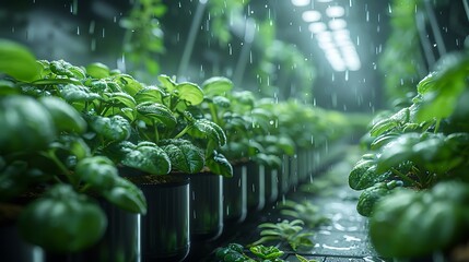 Vibrant lush green plants growing in a modern indoor vertical farm during a refreshing rain shower