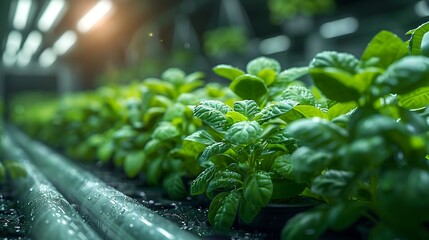 Vibrant green basil plants thriving in a modern hydroponic farm illuminated by soft artificial light