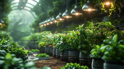 Lush greenhouse interior with rows of vibrant plants growing under warm artificial lights, evoking growth and nature