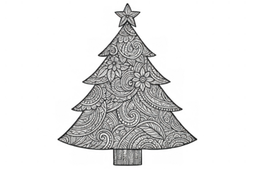 Christmas tree with doodle zentangle art pattern, black and white holiday ornament line drawing for coloring page design