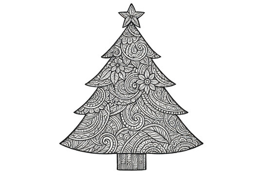 Christmas tree with doodle zentangle art pattern, black and white holiday ornament line drawing for coloring page design