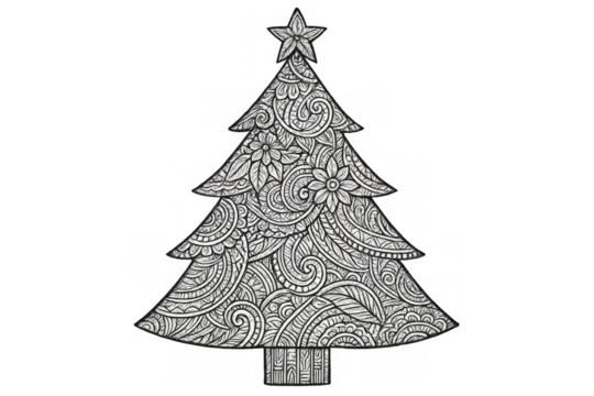 Christmas tree with doodle zentangle art pattern, black and white holiday ornament line drawing for coloring page design