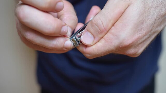 Close-up of hands of a man cutting fingernails with a nail clipper. Concept of personal hygiene, self-care, grooming, and daily routine for cleanliness and health