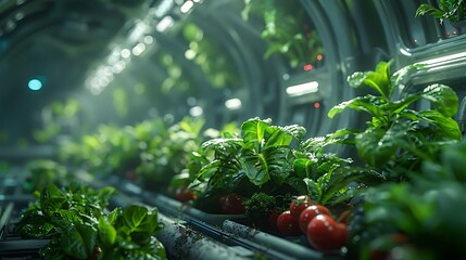 Vibrant fresh vegetables thriving in a futuristic hydroponic farm under bright artificial lights