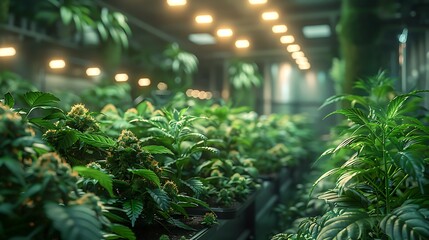 Vibrant indoor cannabis farm illuminated by warm grow lights showcasing lush green plants ready for harvest