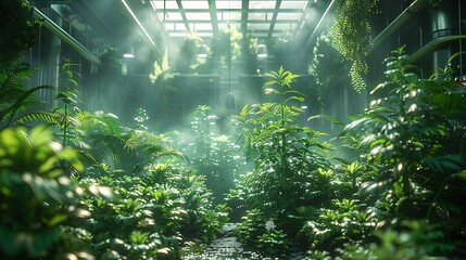 Lush green plants thrive in a bright, misty greenhouse, creating a vibrant ecosystem bathed in natural light.