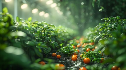 Vibrant greenhouse tomatoes bathed in warm light showcase sustainable agriculture and fresh produce growth