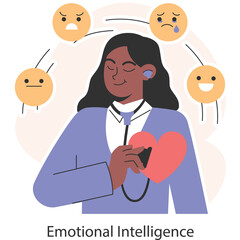 Woman With Stethoscope And Red Heart Symbol Shows Emotional Intelligence With Diverse Emoji Faces Around Her In A Simple Flat Illustration Style