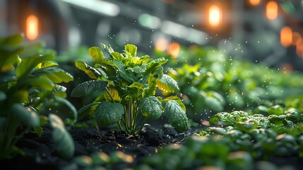 Vibrant green plants thriving under soft greenhouse lights, symbolizing growth and natural abundance