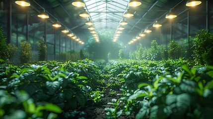 Lush green plants thrive under bright artificial lights in a modern, expansive greenhouse environment