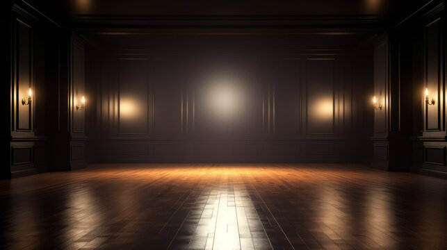An empty, dark, classic room with wood paneling, a parquet floor, and warm light from wall sconces.