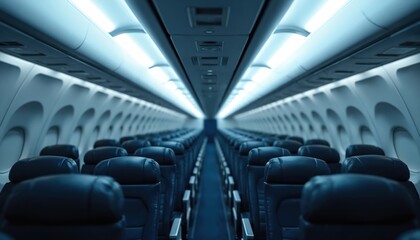 Empty airplane seats rows. Dark blue leather passenger seats, overhead bin interior. Concept of air travel, commercial aviation. Nobody inside aircraft cabin. Interior after cleaning service. Focus